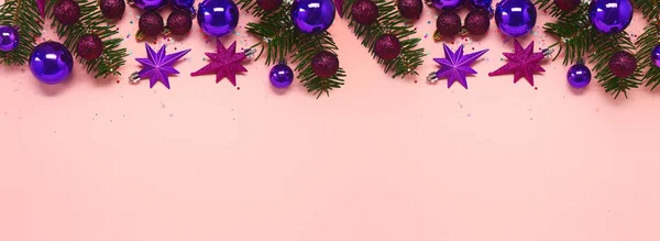 Banner Fir Branches Beautiful Christmas Decorations Sequins Pink Background — Stock Photo, Image