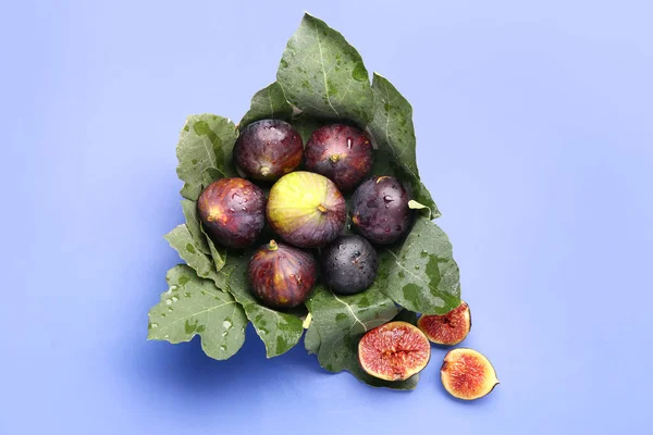 Fresh Figs Leaves Color Background — Stock Photo, Image