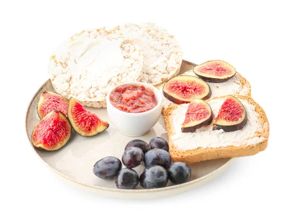 Plate Tasty Bruschettas Crispbreads Cream Cheese Fruits White Background — Stock Photo, Image