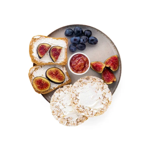 Plate Tasty Bruschettas Crispbreads Cream Cheese Fruits White Background — Stock Photo, Image
