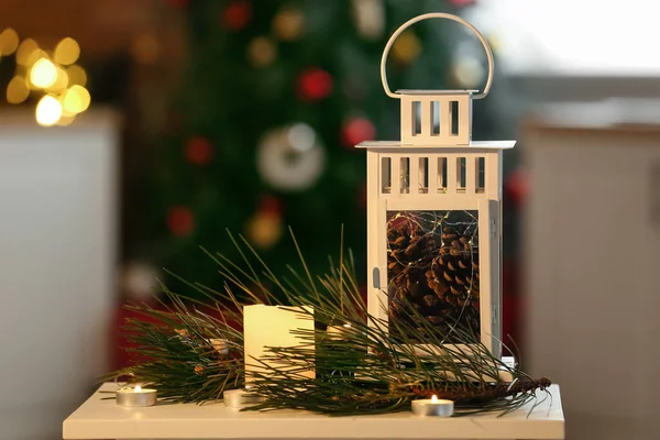 Christmas Lantern Fir Cones Burning Candles Fir Branches Table Dark — Stock Photo, Image