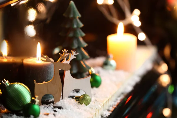 Wooden Reindeers Christmas Decor Snow Piano Keys Closeup — Stock Photo, Image