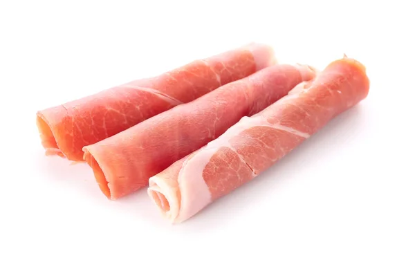 Gewalste Plakken Smakelijke Ham Geïsoleerd Witte Achtergrond — Stockfoto