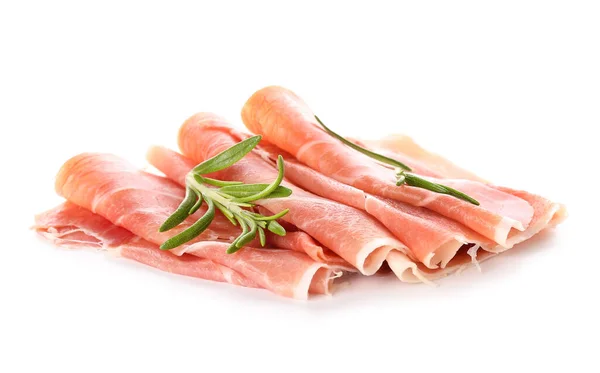 Slices Tasty Ham Rosemary Isolated White Background — Stock Photo, Image