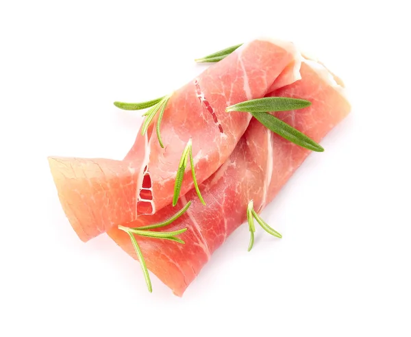 Slices Delicious Ham Rosemary White Background — Stock Photo, Image