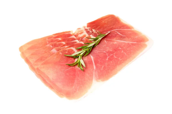 Slices Heerlijke Ham Met Rozemarijn Geïsoleerd Witte Achtergrond — Stockfoto