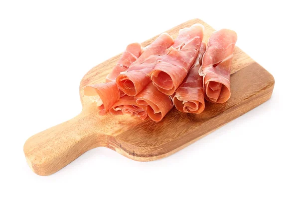 Wooden Board Slices Delicious Ham White Background — Stock Photo, Image