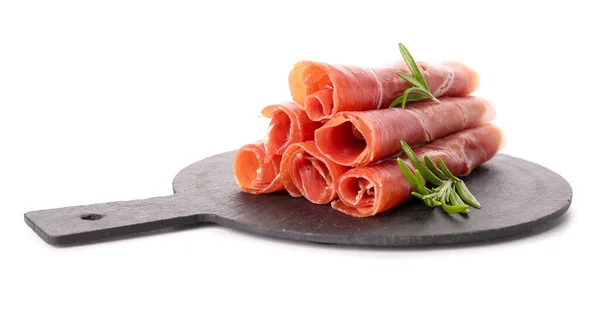 Slate Board Rolled Slices Tasty Ham Rosemary White Background — Stock Photo, Image