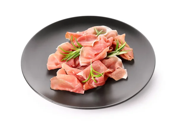 Plate Slices Delicious Ham Rosemary White Background — Stock Photo, Image