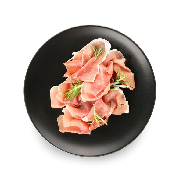 Plate Slices Delicious Ham Rosemary White Background — Stock Photo, Image