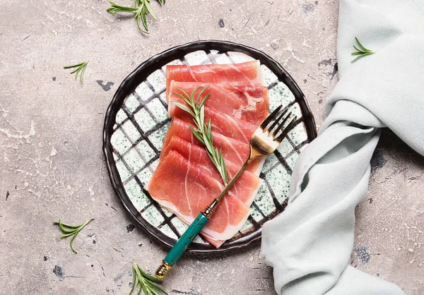 Plate Slices Tasty Ham Rosemary Grunge Background — Stock Photo, Image