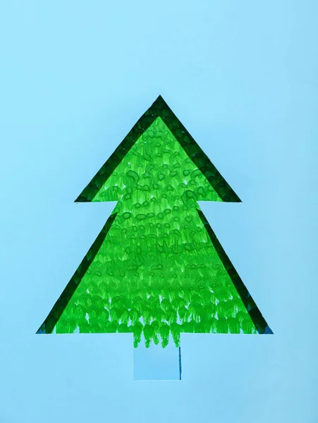 Χριστουγεννιάτικο Δέντρο Φτιαγμένο Από Πράσινα Χρώματα Και Μπλε Χαρτί Top — Φωτογραφία Αρχείου