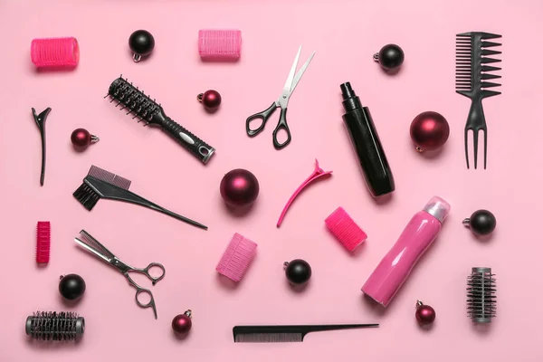 Hairdresser Tools Christmas Balls Pink Background — Stock Photo, Image