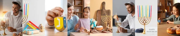 Colagem Para Hanukkah Com Pessoas Felizes Menorahs Dreidels Guloseimas — Fotografia de Stock