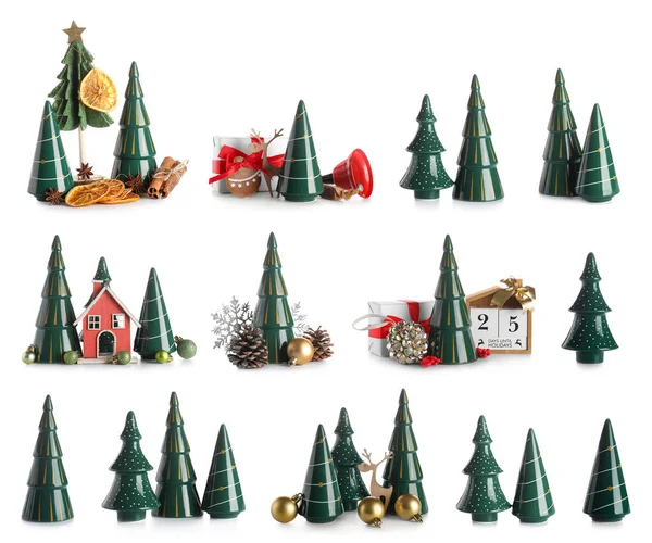 Conjunto Árboles Navidad Cerámica Decoración Aislada Blanco —  Fotos de Stock