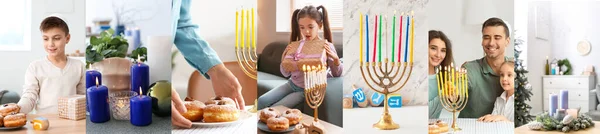 Colagem Para Hanukkah Com Família Feliz Menorah Vela Guloseimas — Fotografia de Stock