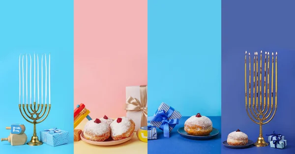 Collage Con Menorah Dreidels Donuts Para Celebración Hanukkah Sobre Fondo — Foto de Stock