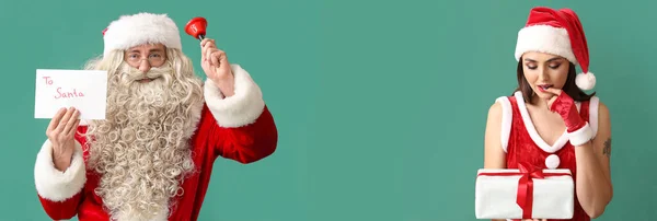 Banner Beautiful Young Woman Man Dressed Santa Green Background — Stock Photo, Image