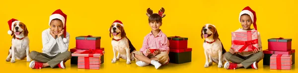 Set Kisfiúk Karácsonyi Ajándékok Aranyos Kutyák Sárga Háttér — Stock Fotó