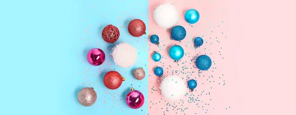 Composition Beautiful Christmas Balls Sequins Color Background Top View — Stock Photo, Image