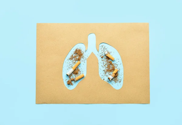 Paper Lungs Cigarettes Tobacco Blue Background — Stock Photo, Image