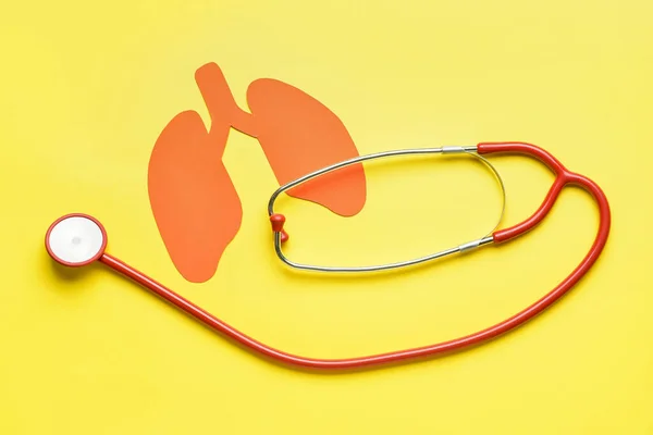 Red Paper Lungs Stethoscope Yellow Background — Stock Photo, Image