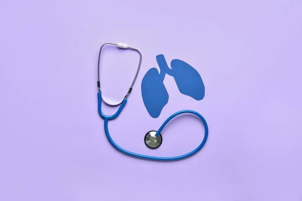 Polmoni Carta Blu Con Stetoscopio Sfondo Lilla — Foto Stock
