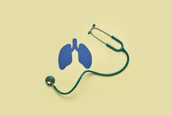 Blue Paper Lungs Stethoscope Yellow Background — Stock Photo, Image