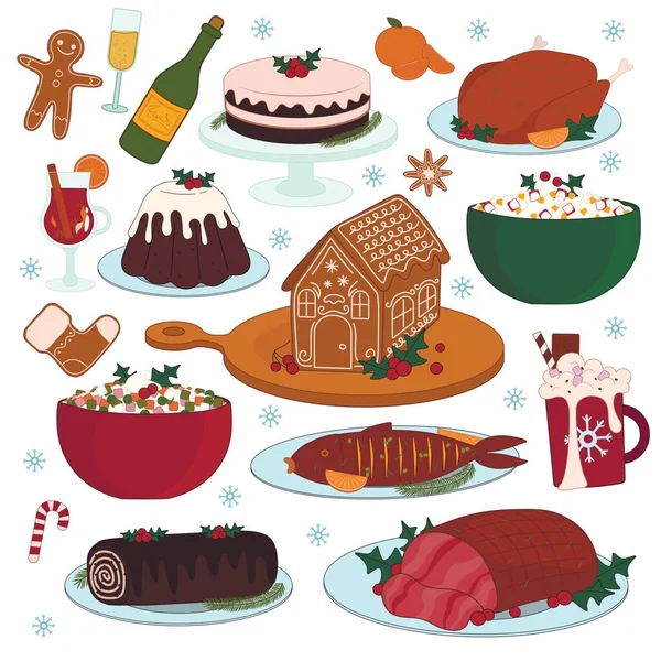 Koláž Chutných Jídel Vánoční Večeři Bílém Pozadí — Stockový vektor