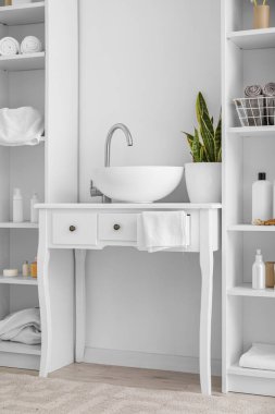 Beyaz duvarın yanında banyo aksesuarları olan modern lavabo ve raf üniteleri.