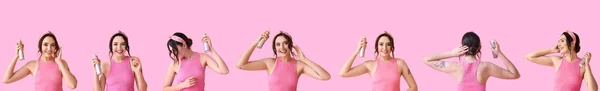 Set Pretty Young Woman Hair Spray Pink Background — Stock Photo, Image