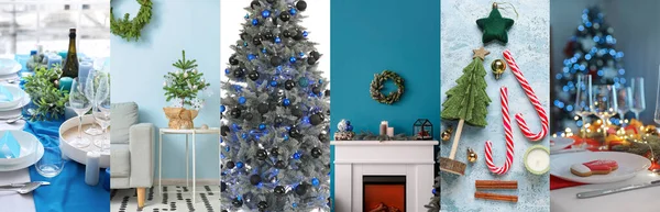 Festlig Collage Med Vackra Dukning Julgranar Dekorationer Och Interiörer Dekorerade — Stockfoto