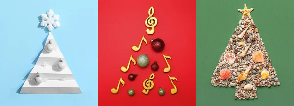 Koláž Vánočních Stromků Různých Položek Barevném Pozadí — Stock fotografie