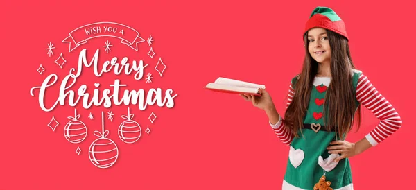 Kislány Manó Jelmezben Piros Hátterű Könyvvel Boldog Karácsonyt — Stock Fotó