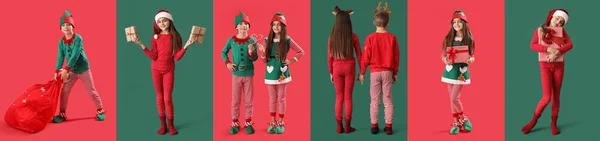Collage Von Niedlichen Kleinen Kindern Pyjamas Und Weihnachtskostümen Auf Farbigem — Stockfoto