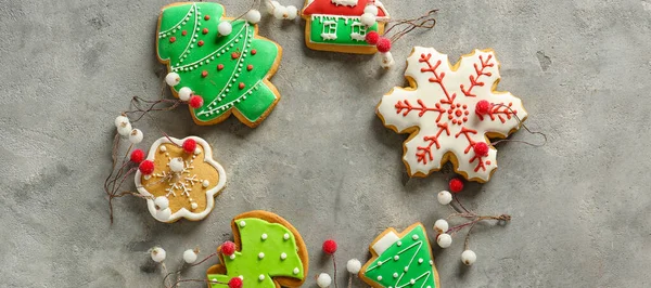 Frame Made Tasty Christmas Cookies Grey Background — Stock Photo, Image