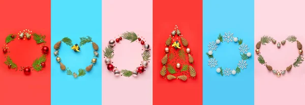 Koláž Krásnými Vánočními Kompozicemi Barevném Pozadí — Stock fotografie