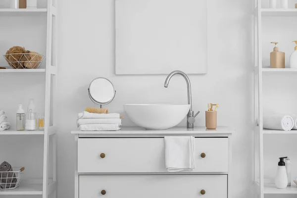 Shelf Units Different Bath Accessories Modern Sink White Wall — Stock Photo, Image