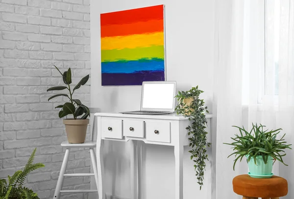 Workplace Laptop Painting Lgbt Flag Light Wall Room — Stock Photo, Image