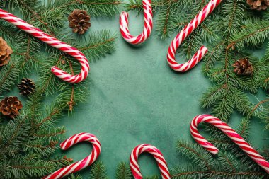 Tatlı şeker kamışlarından yapılmış çerçeve, köknar dalları ve renkli arka planda koni