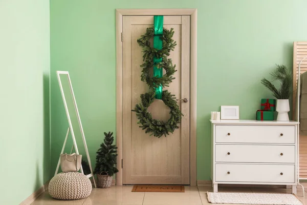 Interior Hall Wooden Door Christmas Wreaths Mirror — Stock Photo, Image