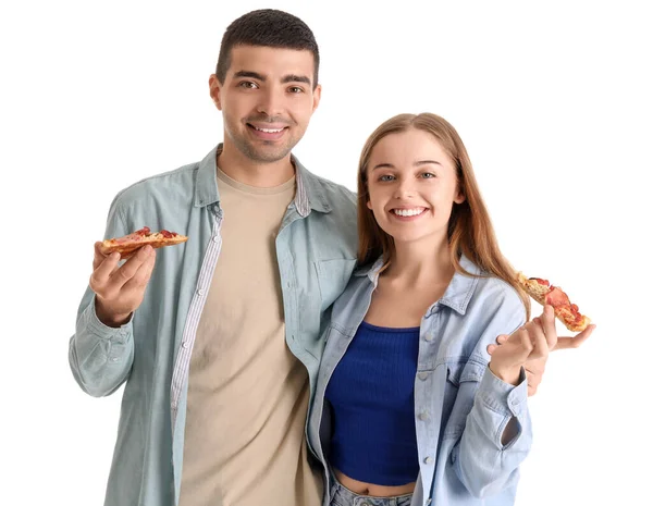 Счастливая Молодая Пара Ест Свежую Пиццу Белом Фоне — стоковое фото