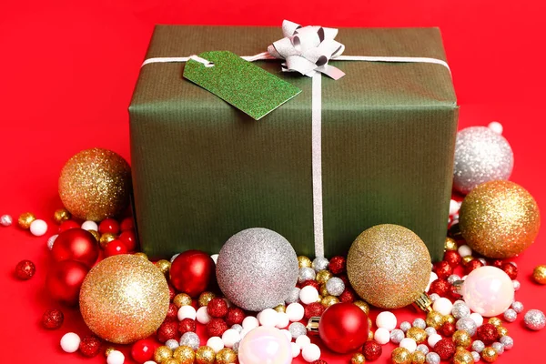 Composition Christmas Gift Balls Red Background Closeup — Stock Photo, Image