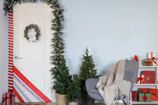Interior Hall White Door Christmas Decor Armchair — Stock Photo, Image
