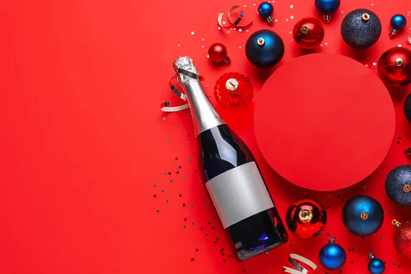 Composition Blank Card Bottle Champagne Christmas Balls Red Background — Stock Photo, Image