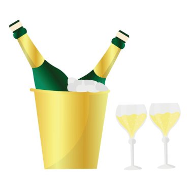 Beyaz arka planda soğuk şampanya şişeleri ve bardakları