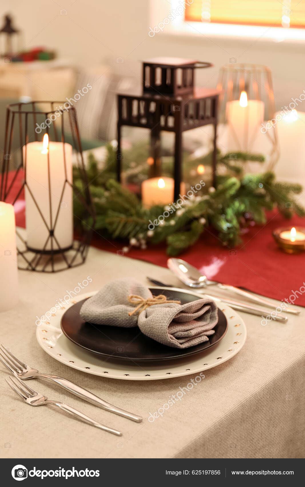Christmas Table Setting Black Plate Dining Room Closeup Stock Photo by