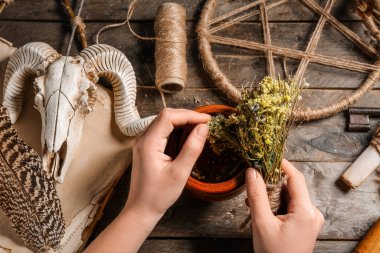 Genç cadı ahşap masada ayin yapıyor.