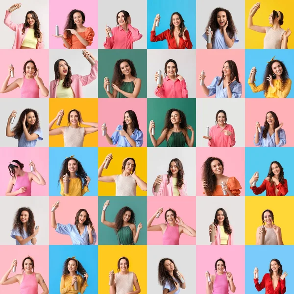 Colagem Com Muitas Mulheres Bonitas Usando Spray Cabelo Fundo Colorido — Fotografia de Stock