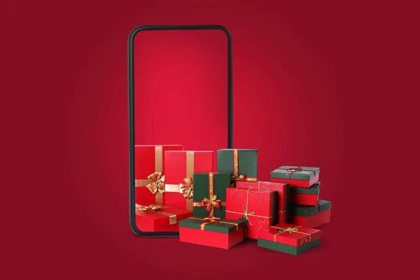 Mobile phone with heap of gifts on red background
